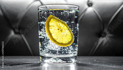 Premium Sparkling Lemon Water in Crystal Clear Glass with Fizzy Bubbles on Dark Background