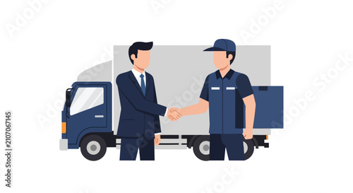 Business Handshake between Businessman and Delivery Driver with Cargo Truck. Logistics, Shipping and Supply Chain Partnership Illustration.