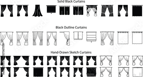 Bild auf Leinwand Window curtains icon set in solid, outline, and hand-drawn sketch styles