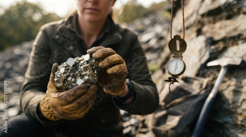Geologist holding a pyrite cluster with rock hammer, compass, sample bag, and slate outcrops in the field.