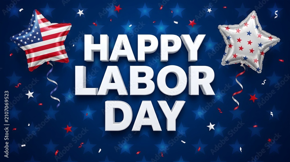 Fototapeta premium Happy labor day banner with american flag balloons and confetti balloons confetti american