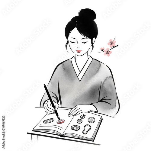 Young woman drawing with a brush in sketchbook at home  