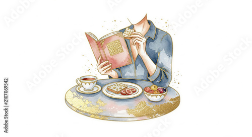Woman reading a book while enjoying breakfast at a table  