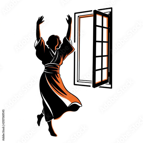 Woman dancing joyfully in a flowing dress beside an open window  