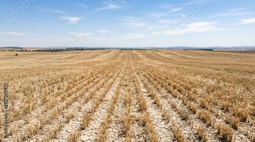 Wheat field with dry soil and blue sky on sunny day  