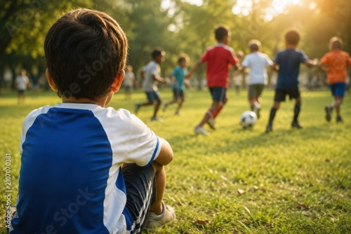 Young boy sitting on grass watching other kids play soccer in sunny field