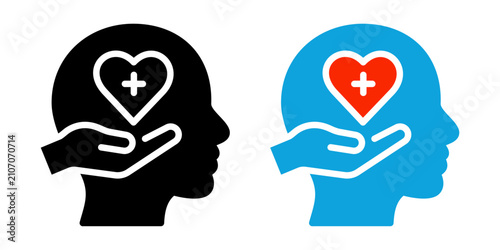 Fotografie Mental health support icon set in solid glyph style with human head, caring hand and heart symbol
