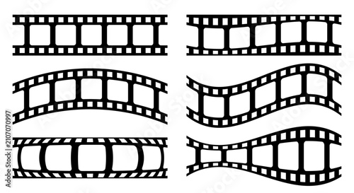 Film strip frame set with straight and curved movie reels. Vintage cinema vector elements for photography, video editing, movie production, retro design, posters, banners and creative projects.