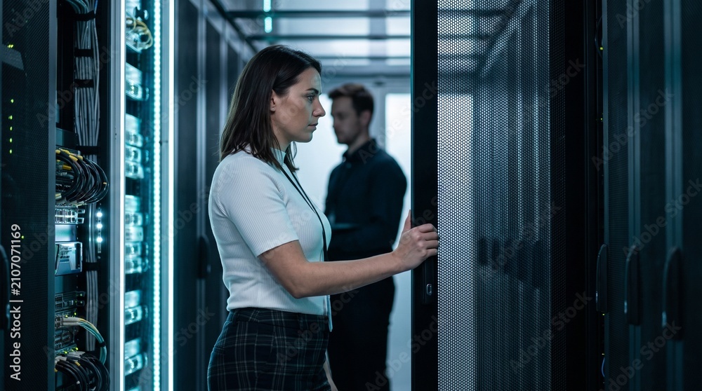 Fototapeta premium Female IT Engineer Inspecting Server Rack In Modern Data Center