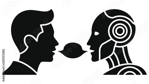 Bild auf Leinwand Minimalist Vector Illustration of Human Speaking to AI Robot, Voice Interaction,