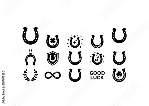 Black Lucky Horseshoe Icon Set Vector Isolated on White Background, Good Luck Fortune Symbol Collection