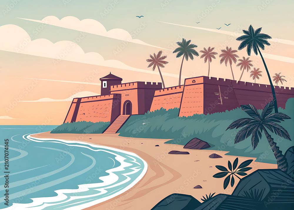 Obraz premium Bekal Fort Kerala massive coastal fort overlooking pristine Arabian Sea shoreline panoramic composition modern minimal flat vector illustration