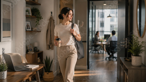 Professional enjoying a balanced hybrid work routine between home and office