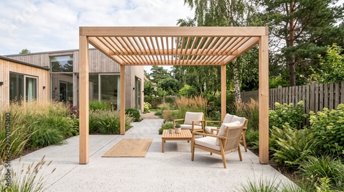 A modern wooden pergola shades a minimalist patio with outdoor furniture in a lush garden setting.