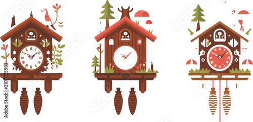 Foto Vintage cuckoo clocks trio with forest elements and bird details