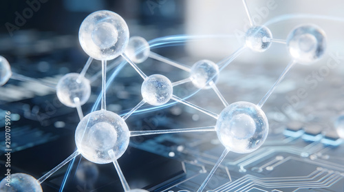 Molecule network technology connection data innovation Abstract 3D molecule network floating above circuit board background, glowing blue lines showing digital connection, data flow, science