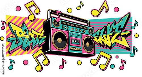 Canvastavla Retro retro boombox ghetto blaster with graffiti text and colorful musical notes vector illustration in nineties pop art style