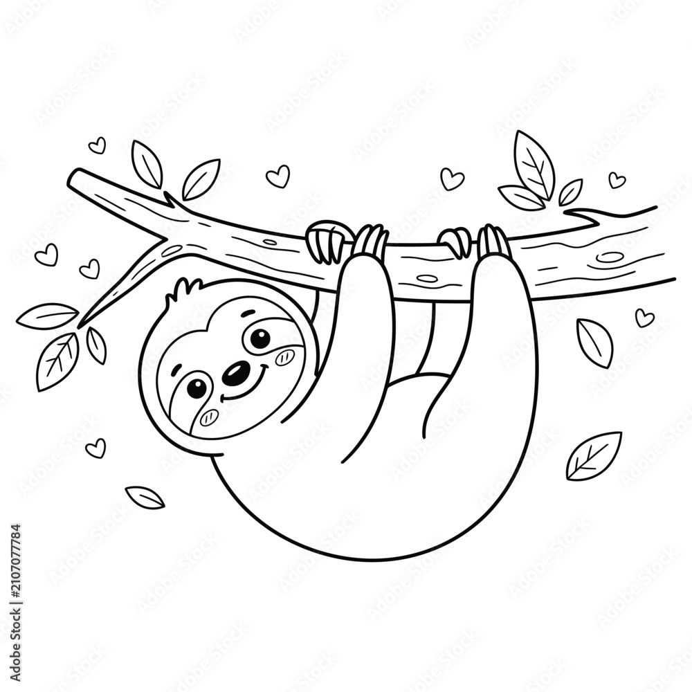 Obraz premium Cute Sloth Hanging on Tree Branch Coloring Page for Kids Outline Illustration