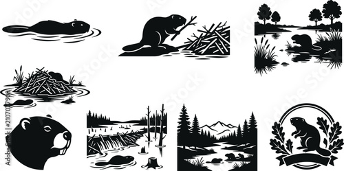 Beaver silhouette vector set featuring wild animals swimming building dams and lodges in forest river landscapes
