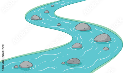 Foto Winding blue river vector illustration featuring flowing water with grey stones