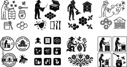 Beekeeping vector line icon set featuring apiary emblems beekeeper workers honeycombs hives and organic honey production elements