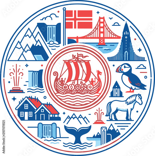 Bild auf Leinwand Circular iceland travel vector illustration featuring norwegian flag viking ship