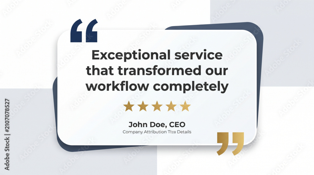 Fototapeta premium Customer testimonial template with five star rating for business reviews. Professional CEO quote mockup for feedback, corporate attribution details, service workflow transformation, and social media.