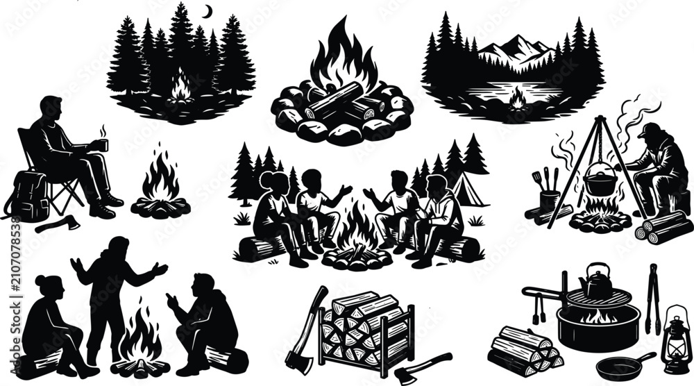 Fototapeta premium Camping and Campfire Silhouette Bundle Collection with Outdoor Adventure Scenes Forest Cooking and Family Gathering Vector Set