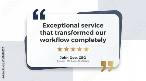 Customer testimonial template with five star rating for business reviews. Professional CEO quote mockup for feedback, corporate attribution details, service workflow transformation, and social media.