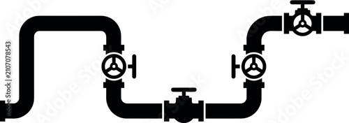 Industrial pipeline system black silhouette icon vector illustration featuring curved water pipes joints and valve wheel mechanisms.