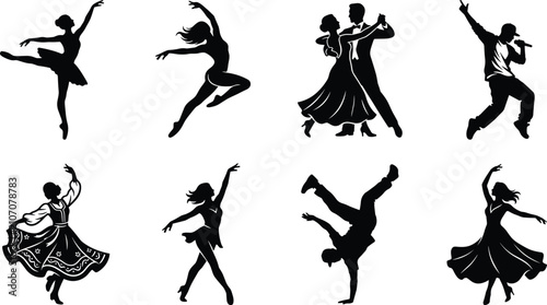 Obraz na plátně Dance styles silhouette vector icon set featuring ballet dancer ballroom couple hip hop breakdancer folk and contemporary dancing in image_590d9b