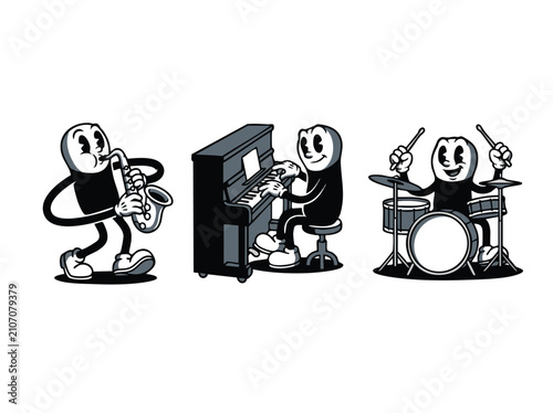 Photography Vintage cartoon characters playing jazz music instruments