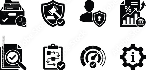 Regulatory Compliance and Corporate Governance Solid Icon Set Representing Risk Assessment Audit and Legal Policy