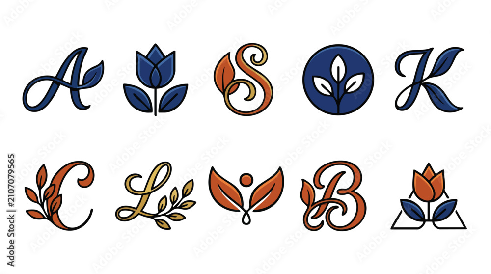Fototapeta premium Decorative alphabet letters with floral botanical motifs