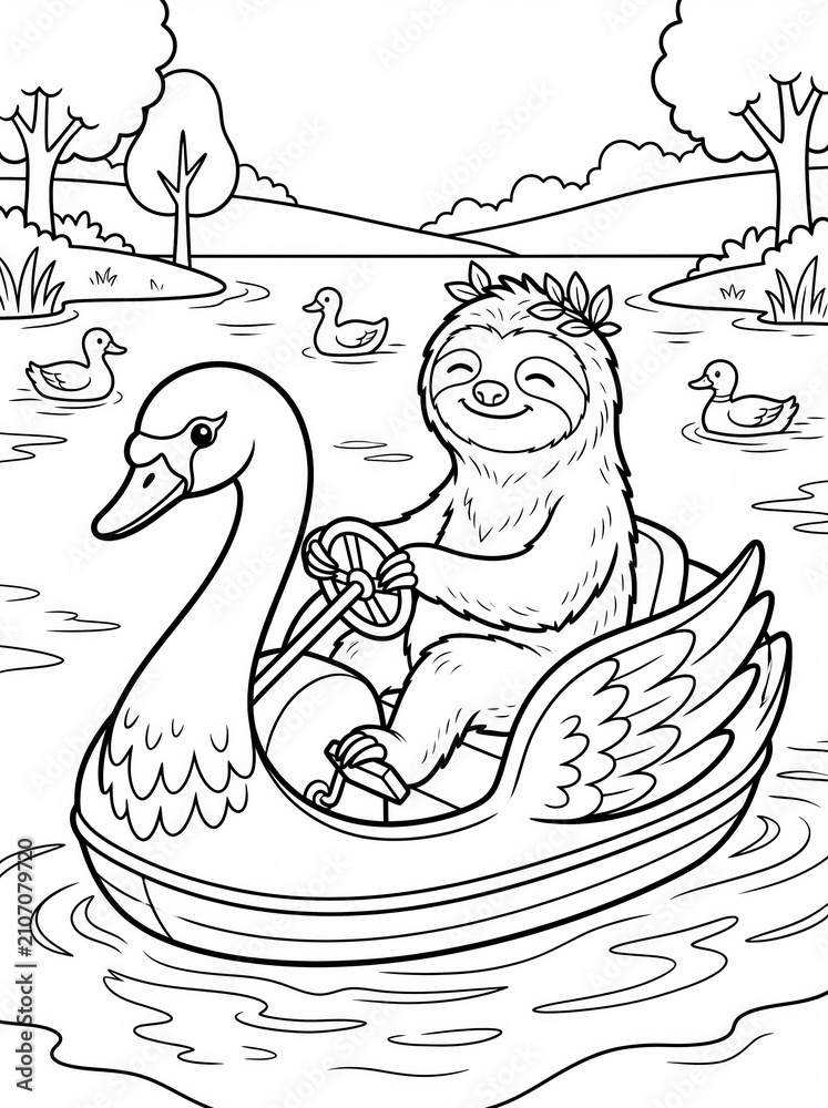 Fototapeta premium Coloring page, relaxed sloth pedaling a swan paddleboat.
