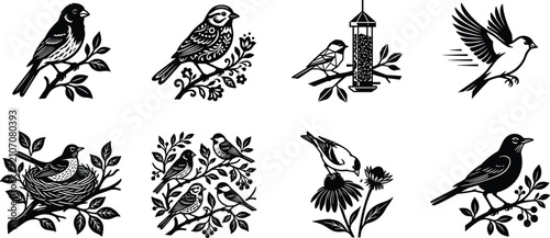 Quadro su tela Set of stylized blue bird vector illustrations featuring songbirds in nests flyi