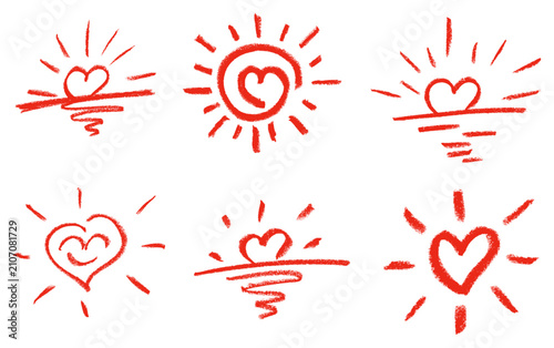 Heart Shaped Sun Crayon Chalk Drawing Doodle Vector Set