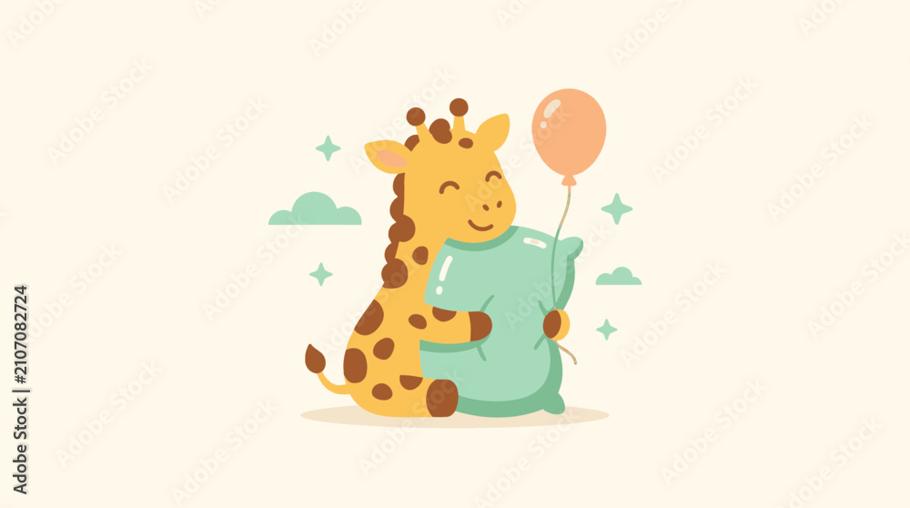 Naklejka premium Happy Baby Giraffe Holding Balloon and Pillow