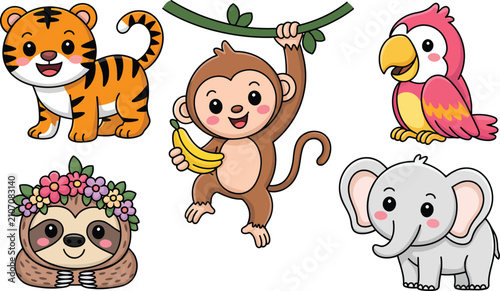 Canvas Print Cute jungle safari animal mascot collection with tiger, monkey, parrot, sloth, a