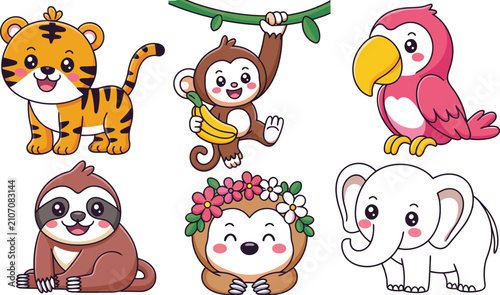 Canvas Print Cute jungle safari animal mascot collection with tiger, monkey, parrot, sloth, a