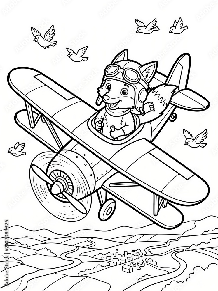 Fototapeta premium Coloring page, clever fox flying a vintage propeller airplane.