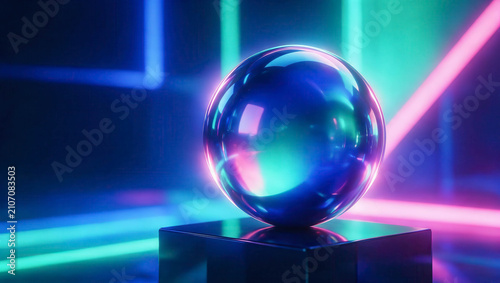 Glossy sphere reflects neon lights with vivid blue and pink hues. It rests on a dark pedestal, sleek and modern. Colorful beams dance behind, casting dramatic glow. Ideal for tech, gaming