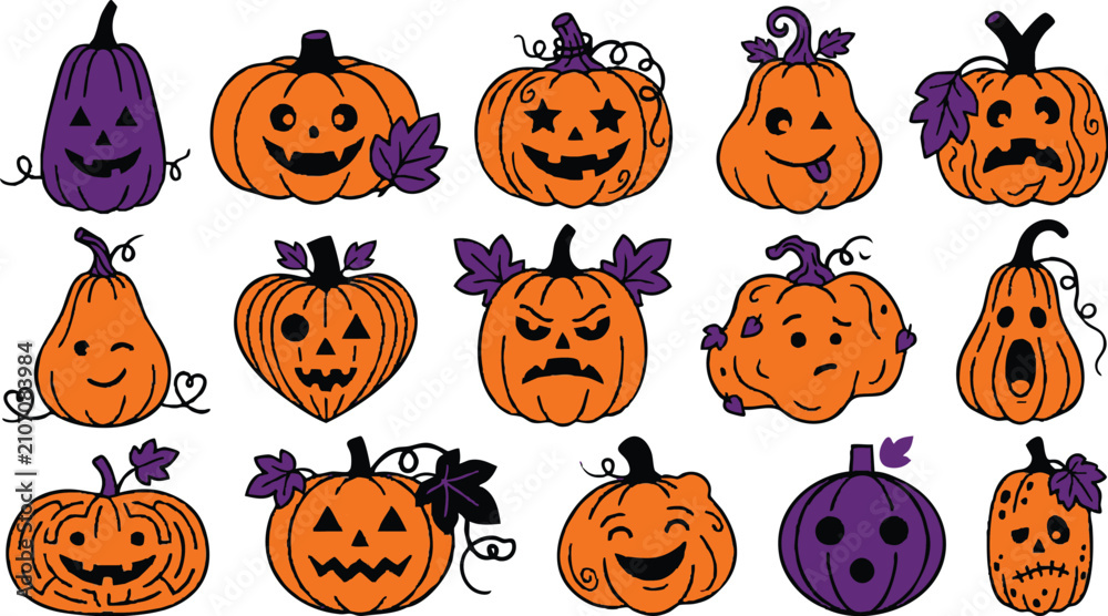 Fototapeta premium Halloween Pumpkin Faces Collection – Cute Jack O' Lantern Cartoon Clipart Set, Flat Vector Halloween Pumpkin Bundle