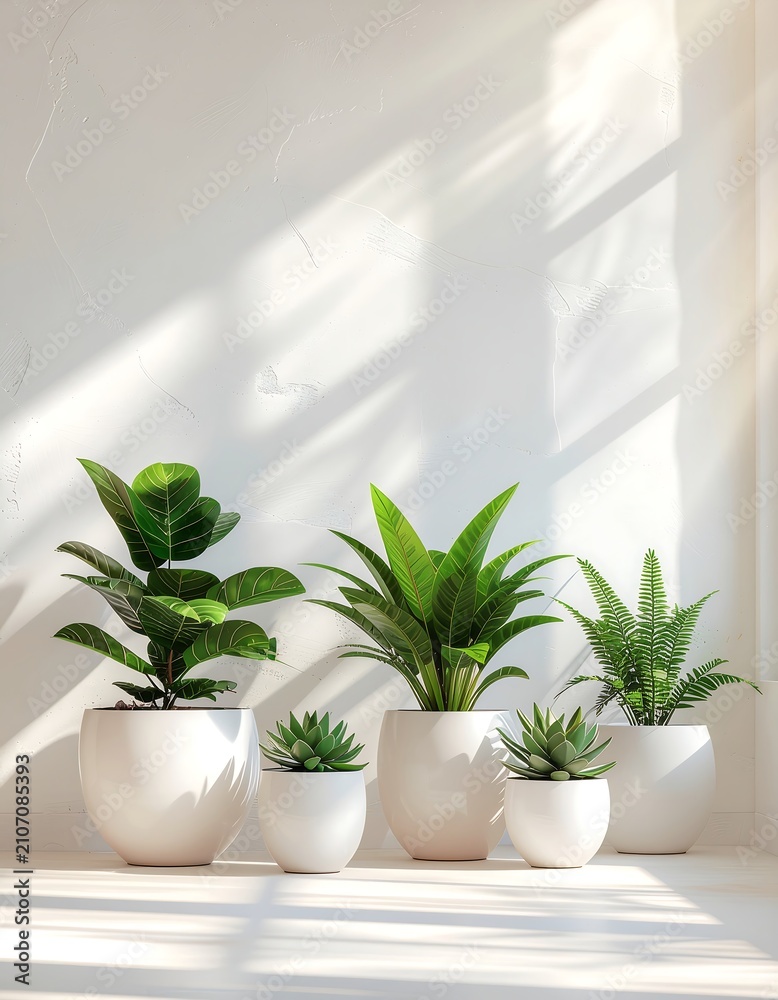 Fototapeta premium Small green potted plants on white windowsill.