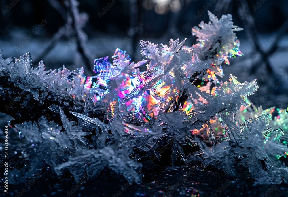 Obraz premium Vibrant prismatic frost crystals on frozen winter branch