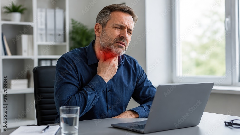 Fototapeta premium Middle-aged man in an office clutching his sore throat while working on a laptop