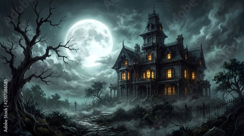 Haunted victorian mansion under a full moon spooky halloween illustration