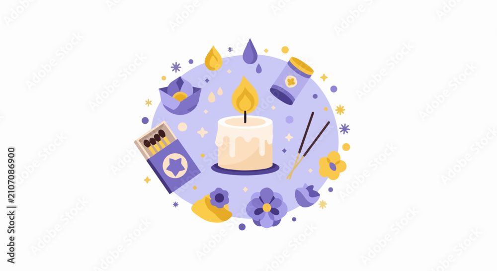 Fototapeta premium Aromatherapy and Wellness Flat Illustration with Burning Candle, Incense Sticks, Matches, and Flowers for Zen and Relaxation Concept
