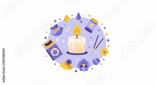 Aromatherapy and Wellness Flat Illustration with Burning Candle, Incense Sticks, Matches, and Flowers for Zen and Relaxation Concept