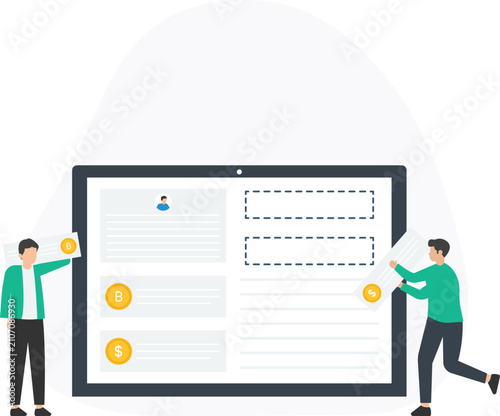 Cryptocurrency Exchange Concept Men Building Fintech Application Interface Digital Currency Transaction Online Payment Financial Technology Bitcoin Dollar Teamwork Collaboration Web Development
